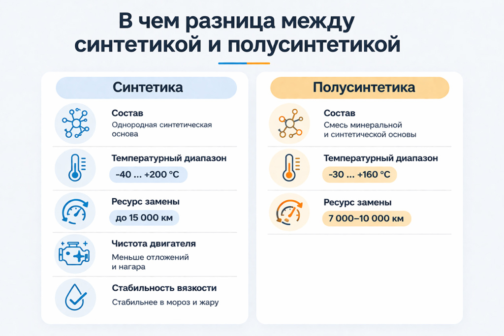 Разница между синтетикой и полусинтетикой касается состава, вязкости, защиты двигателя, срока службы и общих эксплуатационных затрат.
